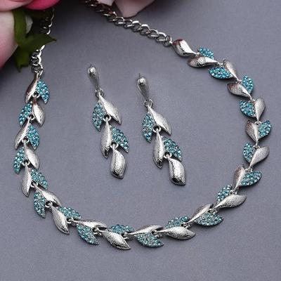 ZENEME Rhodium-Plated Cubic Zirconia Studded Leafy Shaped Necklace With Earrings