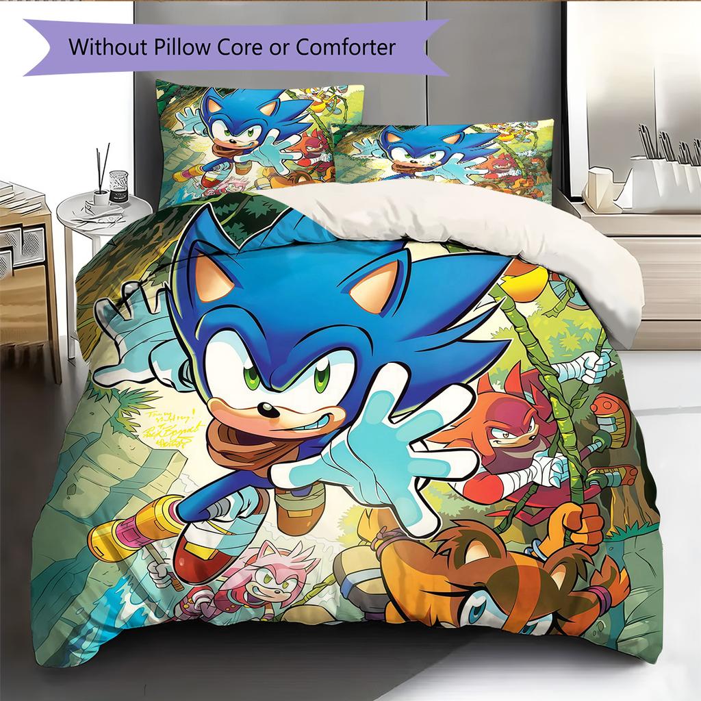 Sonic the Hedgehog Pattern Bedding Quilt Set Home Decoration Gift (1 * Duvet Cover + 2 * Pillowcase Without Core)