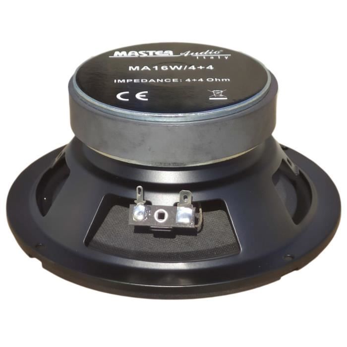 1 caisson de basse MASTER AUDIO MA16W/4+4 16,5 cm 6,5" 150 watts rms 300 watts max dvc 4+4 ohms suspension en gomme, 1 pièce