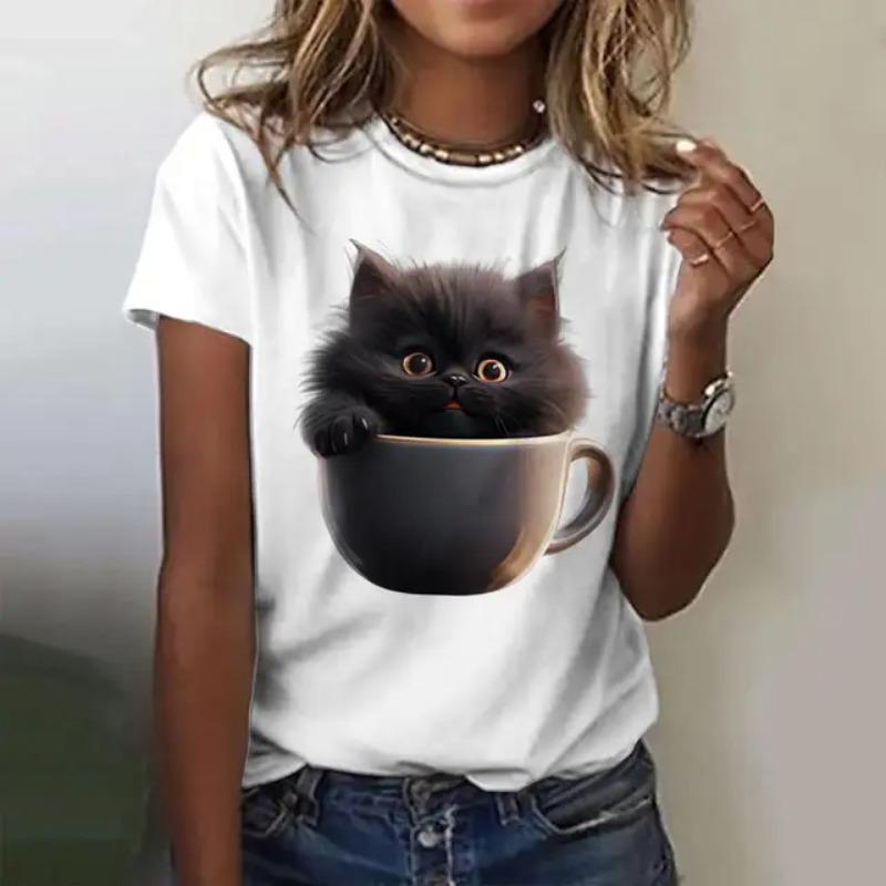 Women's summer short sleeved black cute cat printed T-shirt