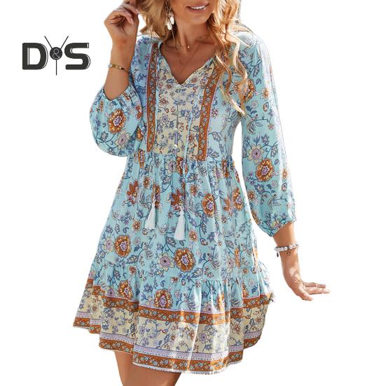 

Женское платье в стиле бохо с цветочным принтом, повседневное, с длинным рукавом, струящееся, короткое, свободное, с V-образным вырезом, на пуговицах, платье А-силуэта, мини-пляжное платье-сарафан S