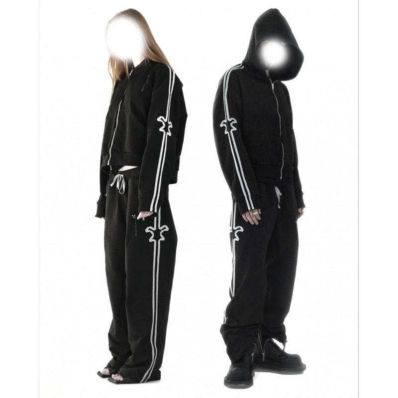 Gothic Ins Style Printed Zip Up Hoodie Sweatshirt Pants Set Loose Fit Streetwear Teens Youth