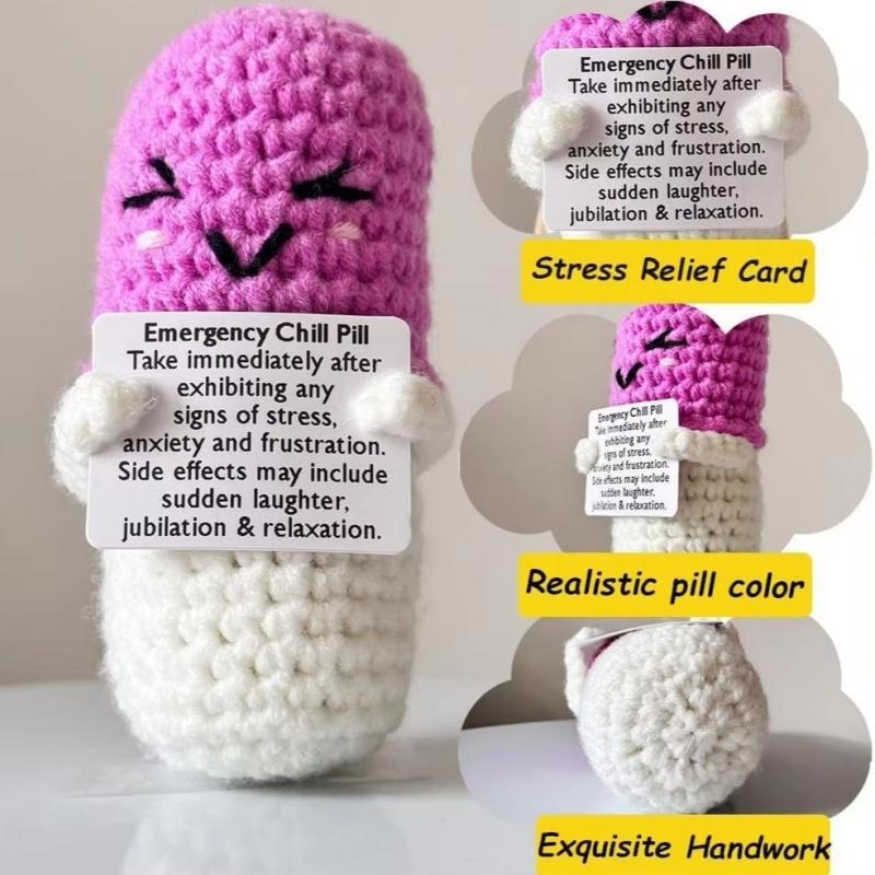 Handmade Knitted Emotional Support Crochet Capsule Doll 'Chill Pill' with Card for Desktop Home Room Decor Gift