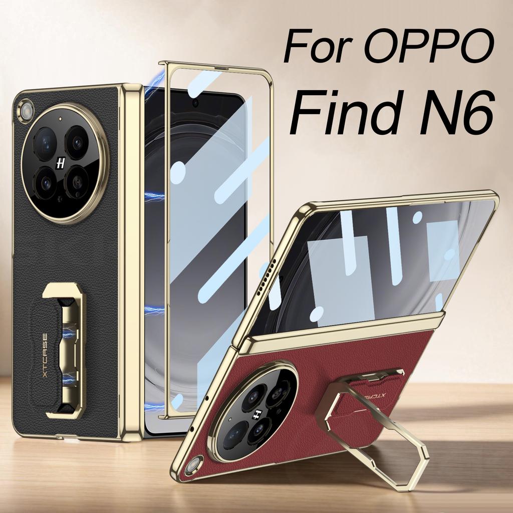 Magnetic Hinge Plating Leather Case For OPPO Find N6 Fold Stand Wristband Screen Glass Protective Cover For OPPO Find N6 Case