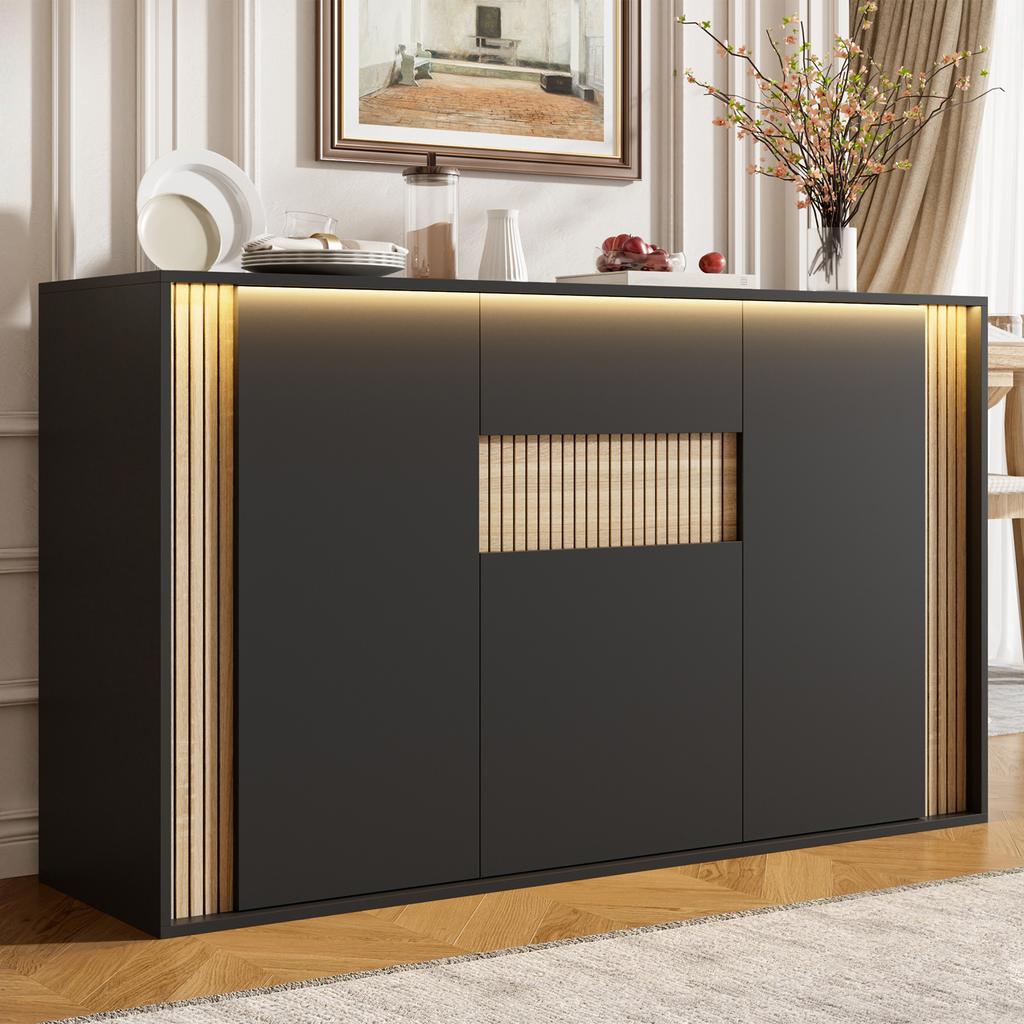 Sideboard/chest of Drawers, with 3 Doors, 1 Drawer and Adjustable LED Lighting – In Black with Natural Wood Grain, 140×40×82cm
