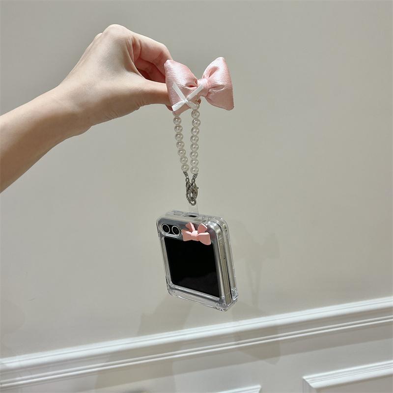For Samsung Galaxy Z Flip 5 4 3 Z Flip5 ZFlip 5 ZFlip5 Case 3D Pink Bow Crossbody Chain Shockproof Cover With Bracelet