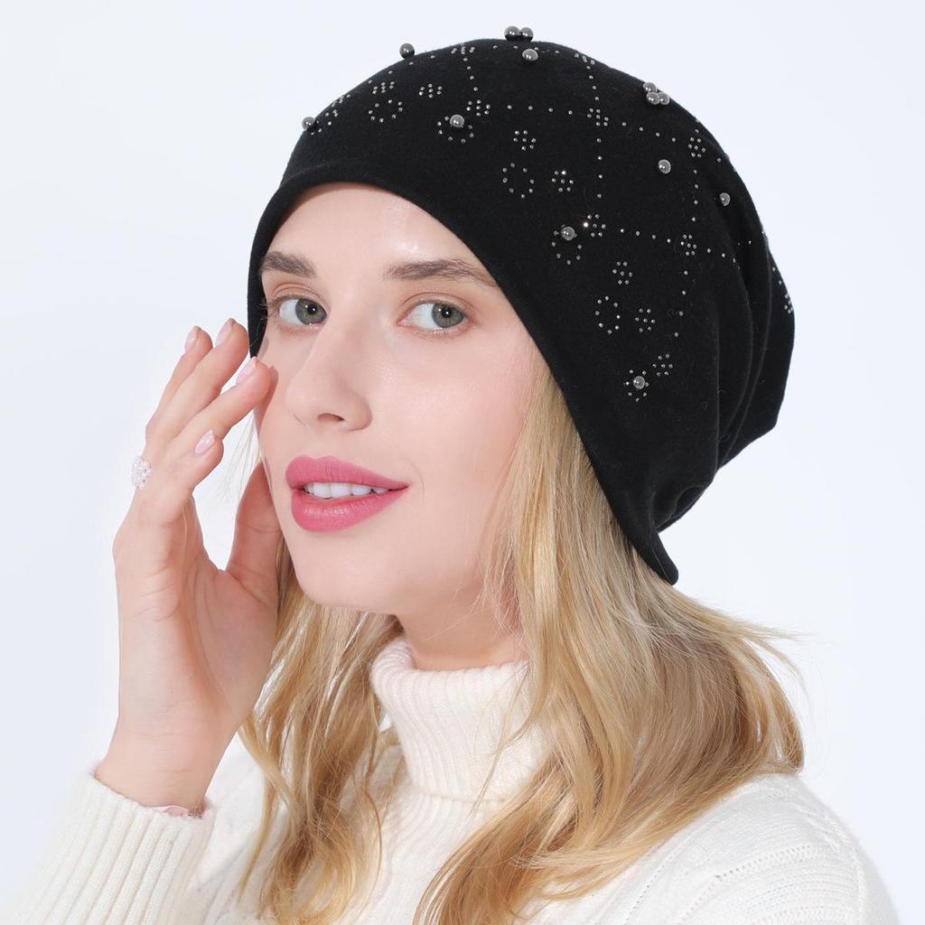 Women's Autumn Winter Double Layer Cotton Hot Diamond Binding Bead Pullover Versatile Warm Hat KTY