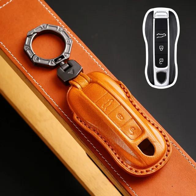 

Luxury Crazy Horse Leather Car Key Fob Case Cover Keyring Holder for Porsche Cayenne 718 958 Panamera 911 Macan Shell Protection коричневый