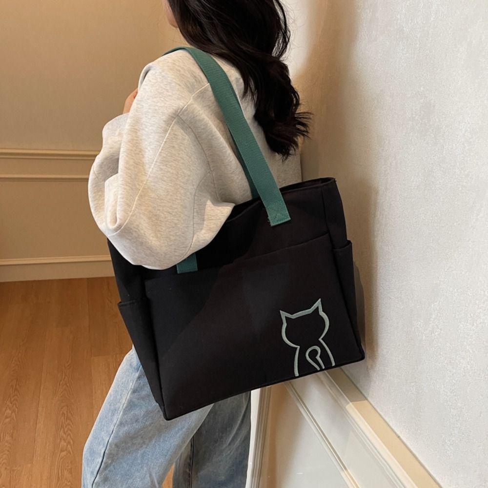 Multi-Pocket Nylon Tote Bag Embroidery Cat Nylon Shoulder Bag Lightweight Eco Bag Outdoor