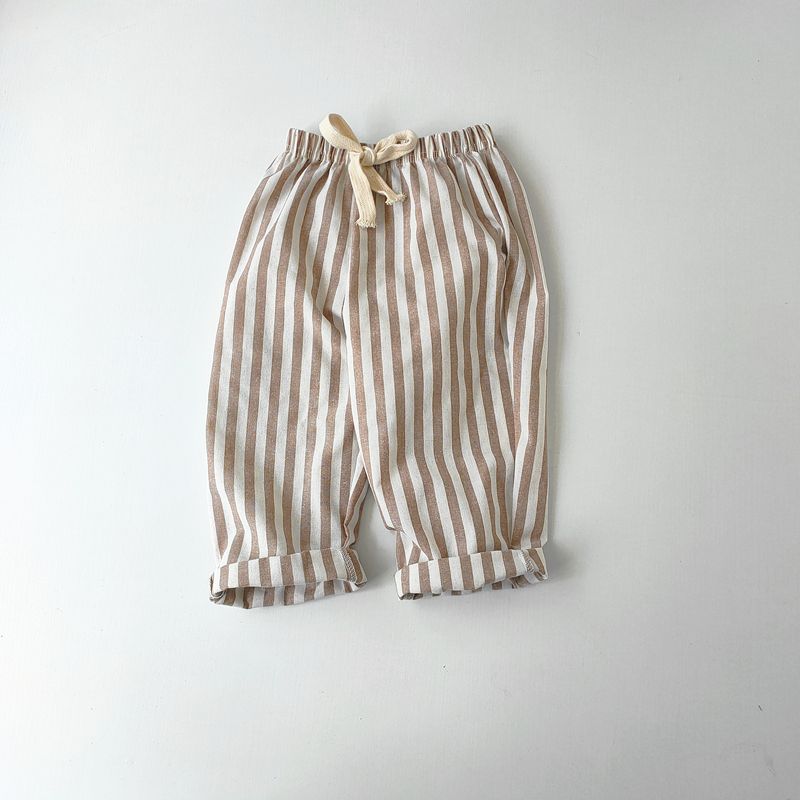Children's Cotton and Linen Striped Cropped Pants Summer Girls' Loose Striped Pants Casual Lace Up