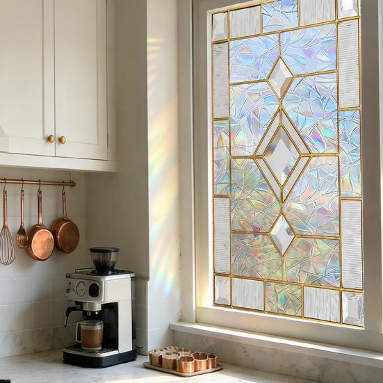 Vintage Window Privacy Film Geometric Stained Glass Flower Decorative Frosted Static Cling Reusable UV Sun Blocking Glass Sticker