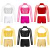Girls Shiny Sequins Crop Top Sheer Mesh Mock Neck Long Sleeve Cutout V Waistband Shorts Dance Outfit
