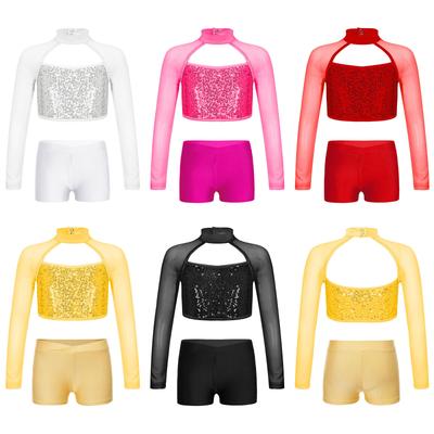 Girls Shiny Sequins Crop Top Sheer Mesh Mock Neck Long Sleeve Cutout V Waistband Shorts Dance Outfit