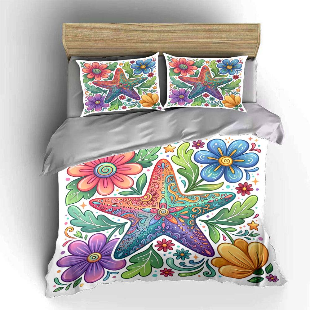 Colorful Starfish with Vibrant Flowers Print Bedding Set 1 Duvet Cover 2 Pillowcases for Adult and Children Luxury Gift