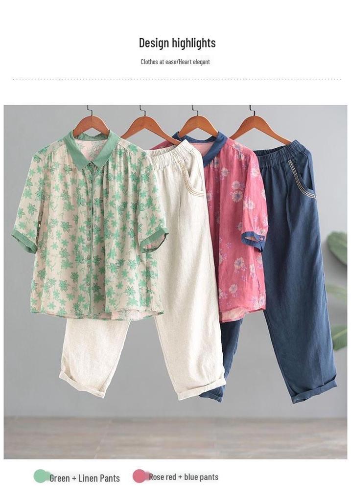 2025 Korean Plus-Size Retro Print Two-Piece Set for Women
