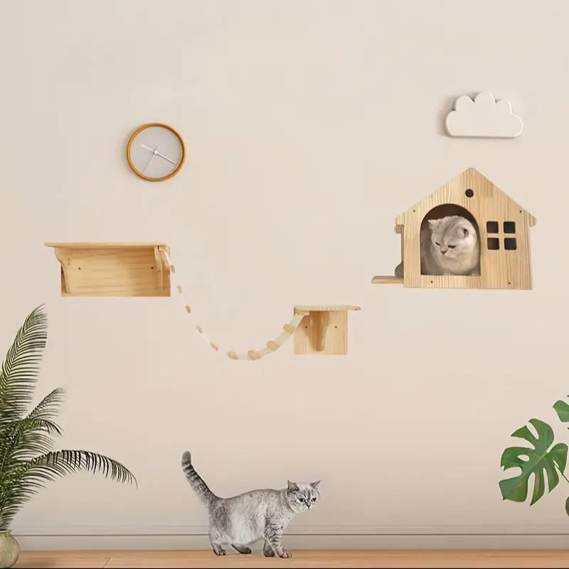 Wooden wall-mounted cat tree with sisal scratching posts Cat hammock Staircase Cat jumping, play and climbing frame