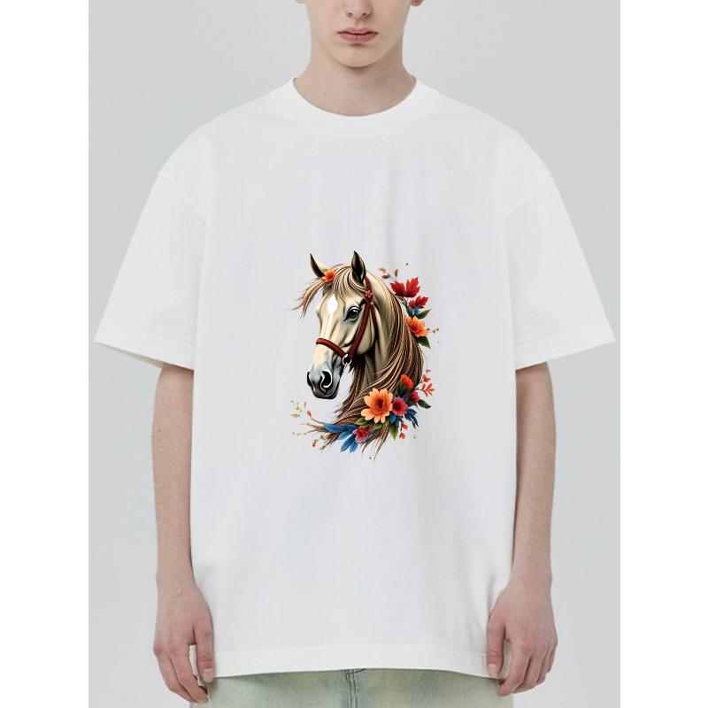 

Black T-Shirt With Horse And Floral Design For Casual Wear XXXXL білий