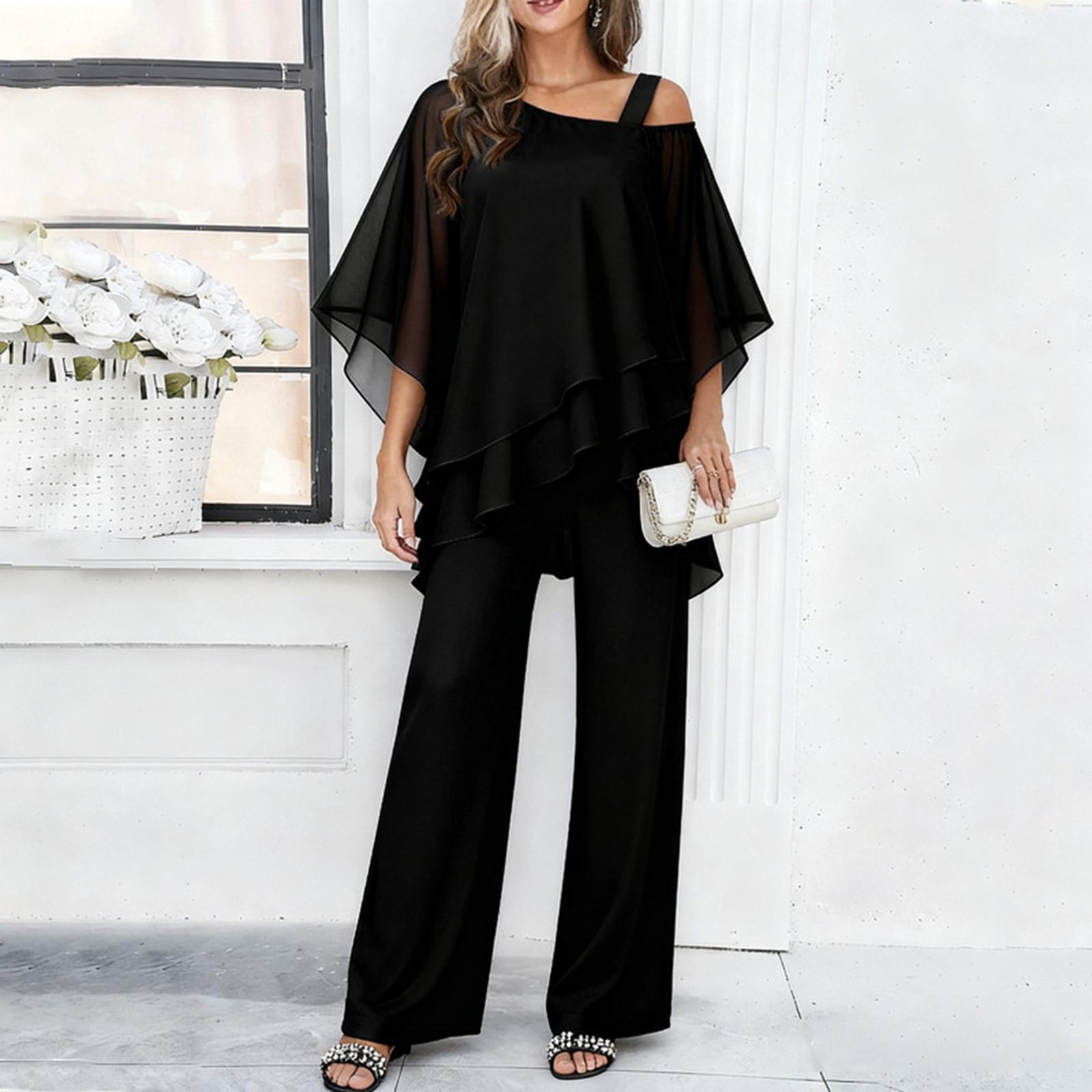 

Women Two Piece Set Chiffon Top and Wide Leg Pants Outfit Lightweight Layered Design Comfortable Fit Casual Wear S чёрный