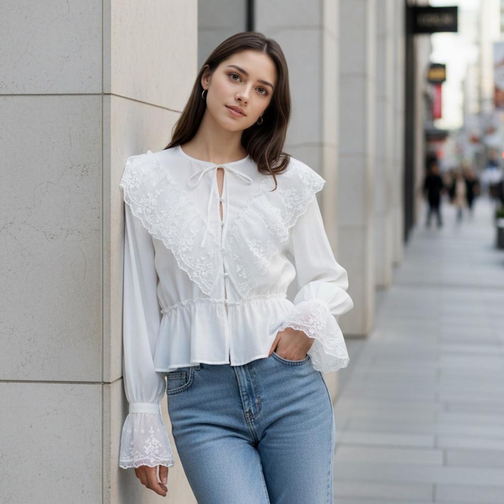French lace splicing lace-up waist long-sleeved shirt women's 1116 summer Tencel white fly-sleeved top