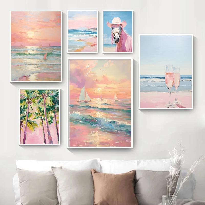 Pink Horse Coastal Beach Champagne Poster Boat Farmhouse  Watercolor Preppy Canvas Painting Print Boho Wall Art Girl Room Decor