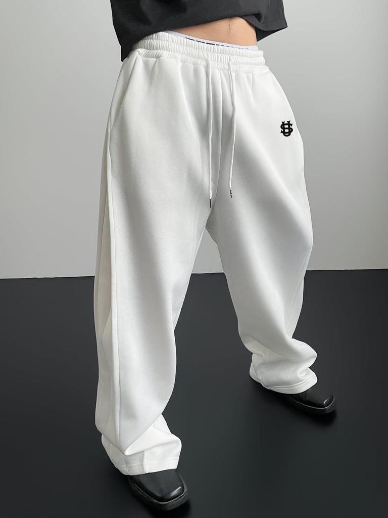Men's Cross-Border Embroidered Sweatpants: Casual Wide-Leg, Autumn/Winter, Plus Velvet