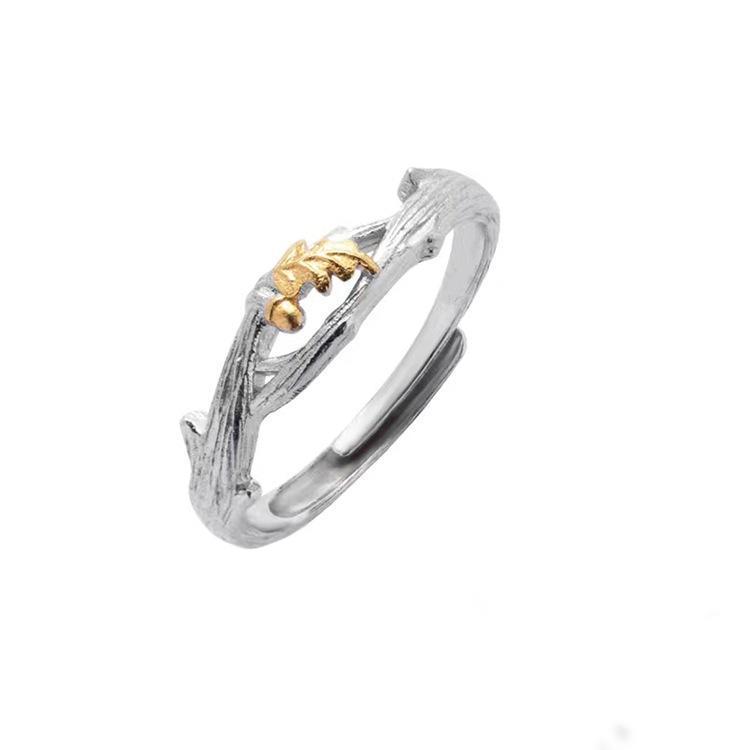 Personalized Oak and 925 Silver Rings for Men and Women - Simple, Trendy, Forest Style Commemorative Couple Pair. Adjustable Open