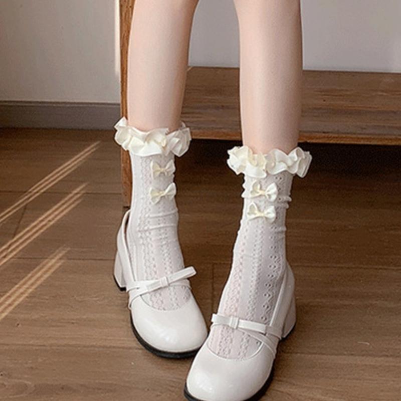 Women Japanese Aesthetic Hollowout Mesh Middle Tube Socks Striped Patterned Ruffle Trim Over Calf Socks with Bows Accent