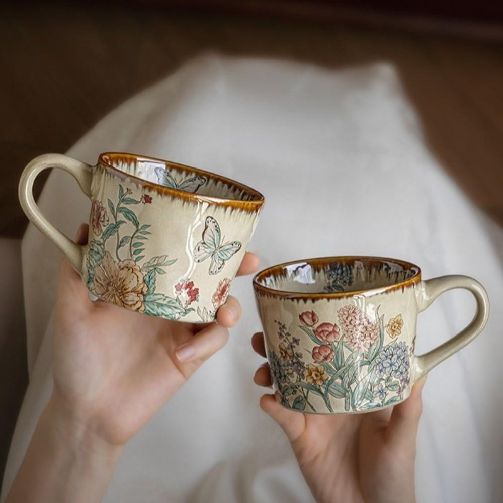 Floral Pattern Antique Style Mug Non-slip Milk Cup Decorative Ceramic Coffee Cup Travel