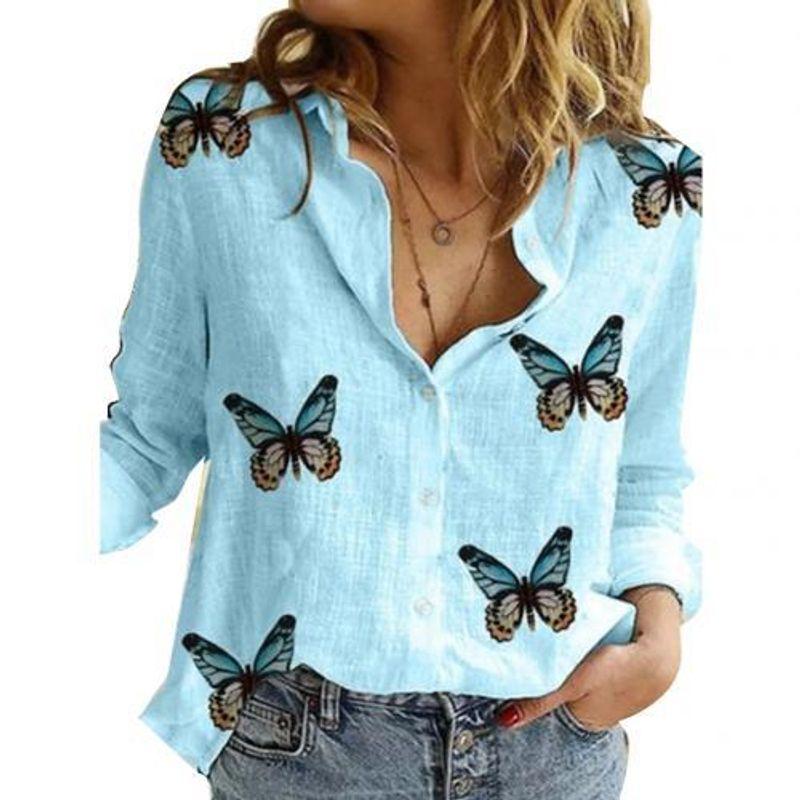 

New Irregular Butterfly Print Top2022 Summer Asymmetrical Butterfly Print Tops Blue S