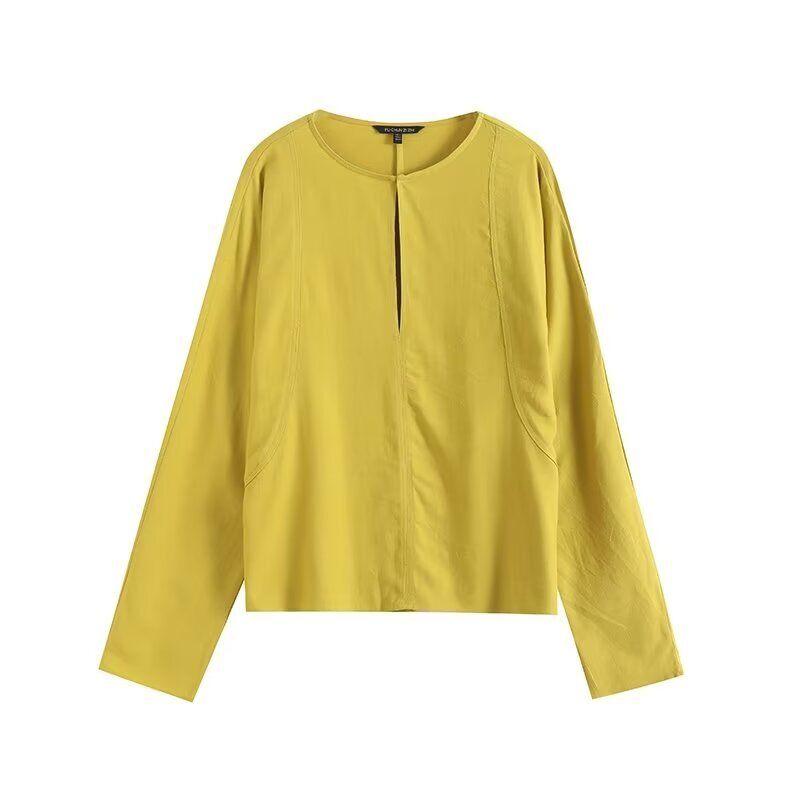 

Fashion Style 2024 Summer New Arrival Women s Clothing Loose Casual Laid-Back Style Loose Linen V-neck Long Sleeve Shirt Yellow L