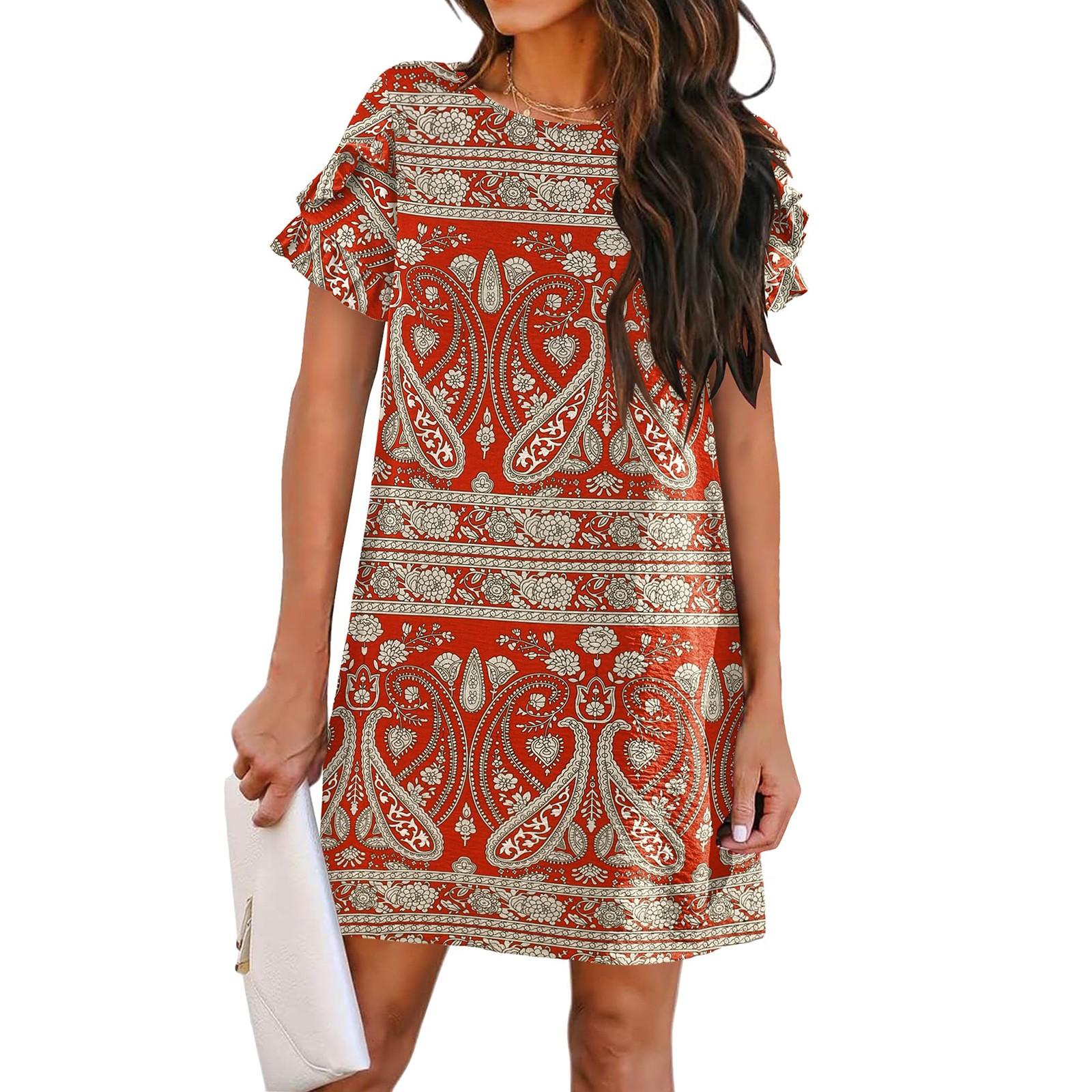 

Жіночі модні повсякденні пляжні вільні прямі сукні з коротким рукавом XL Кіновар