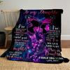 A pink butterfly and silhouettes with heartfelt text on a cosmic background. for all seasons blanket lunch break throw gift