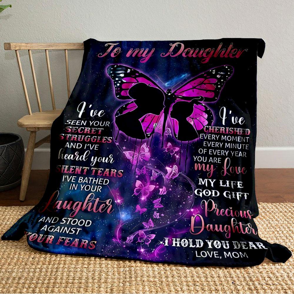 A pink butterfly and silhouettes with heartfelt text on a cosmic background. for all seasons blanket lunch break throw gift