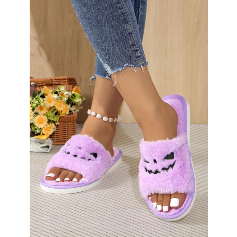Women's Slippers Women's Halloween Jack-O-Lantern Slippers Soft Plush Comfortable Open Toe Wear Plush Slippers