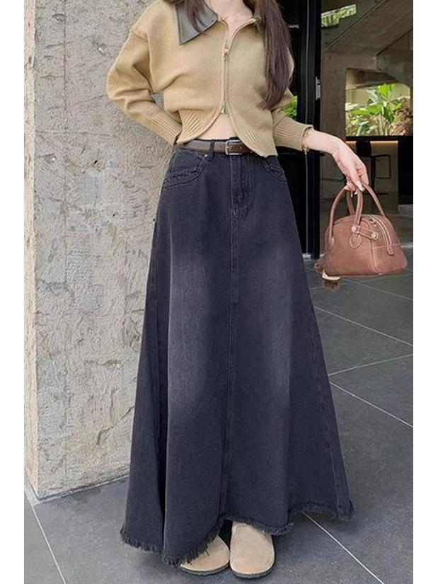 Black Retro Washed Denim Frayed High Waist A-Line Midi Skirt for Women - Autumn Design