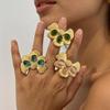 Stainless Steel Cat Eye Stone Ring Women Exaggerated Flower Ginkgo Leaf Open Ring Retro Exquisite Banquet Jewelry Accessories