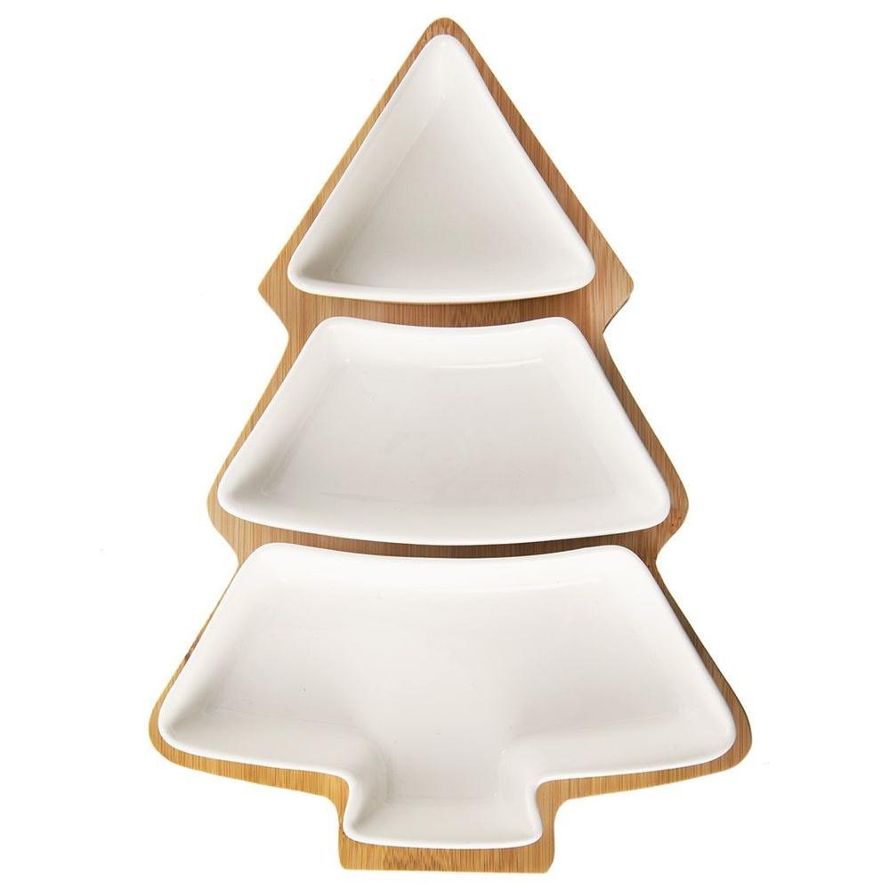 White Porcelain Tree Snack Bowls with Bamboo Tray 28cm 4-Pack