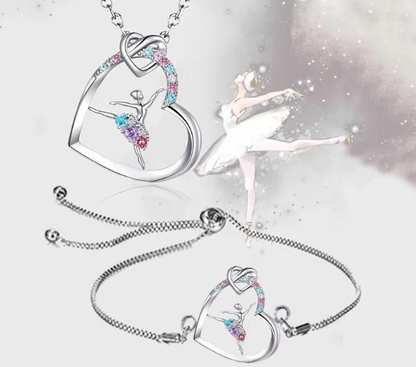 Colorful Crystal Ballerina Heart Jewelry Hollow Dancer Pendant Necklace Adjustable Bracelet 2Pcs Ballet Girl Gift Jewelry Kit