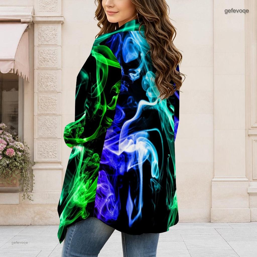 Women Plus Size Long Sleeve Open Front Red Printed Draped Collar Curved Hem Cardigan