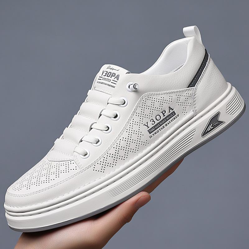 

Men s shoes 2025 summer new leather breathable hollow board shoes one pedal hole leather shoes sports casual white shoes 38