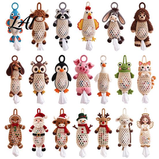 Seasonal Craft Kits Crochet Animal Bag Holder DIY Kit Hanging Plastic Make Easy Patterns Cute Raccoon Highland Cow Organizer for Home Kitchen Decor,