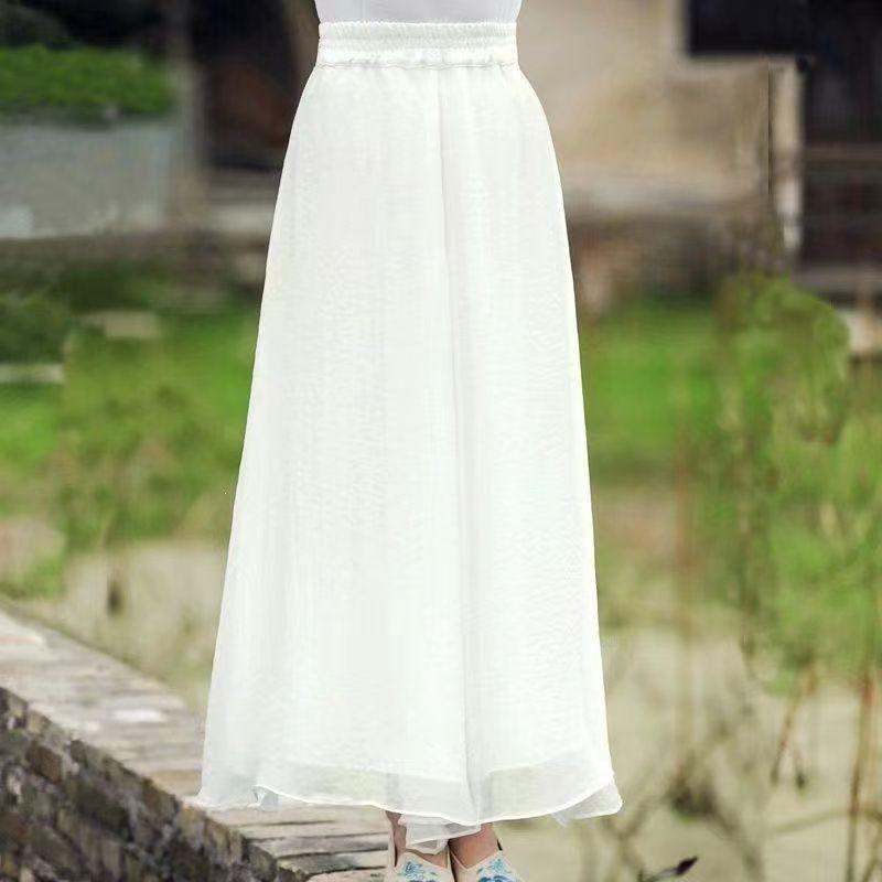 Women's Wide-Leg Chiffon Pants: Flowy, Elastic Waist, Long Cropped Skirt-Pants