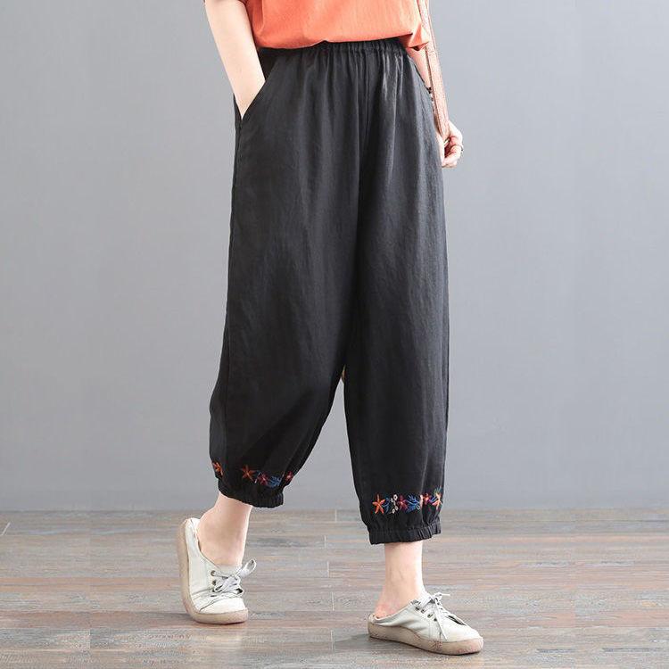 Women's Summer Retro Cropped Pants Solid Color Cotton Linen Haren Pants