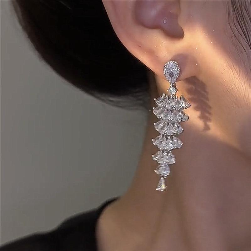 Silver Needle Zircon Waterdrop Tassel Earrings New Fashionable Light Luxury Versatile Stud Earrings with a Unique Sense of High-End Earring Design
