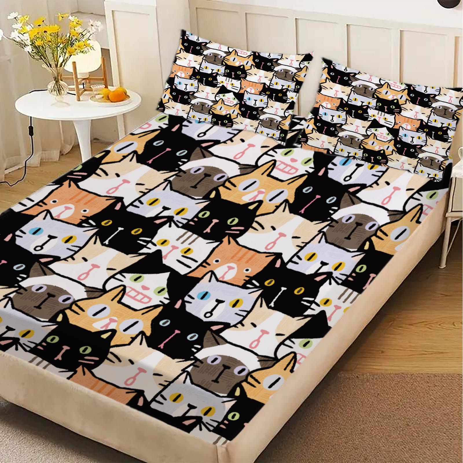 

3pcs Fitted Sheet Set Colorful Cats Pattern Print Design Easy Care Bed Sheet With Pillowcases For Bedroom Decor 99x190x25cm
