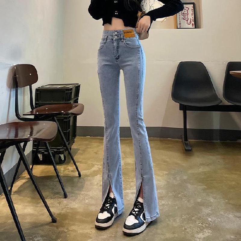 Korean Style High Waist Slit Jeans for Women - Autumn/Winter Slim Fit, Double Button, Elastic Flared Wide Leg Trousers