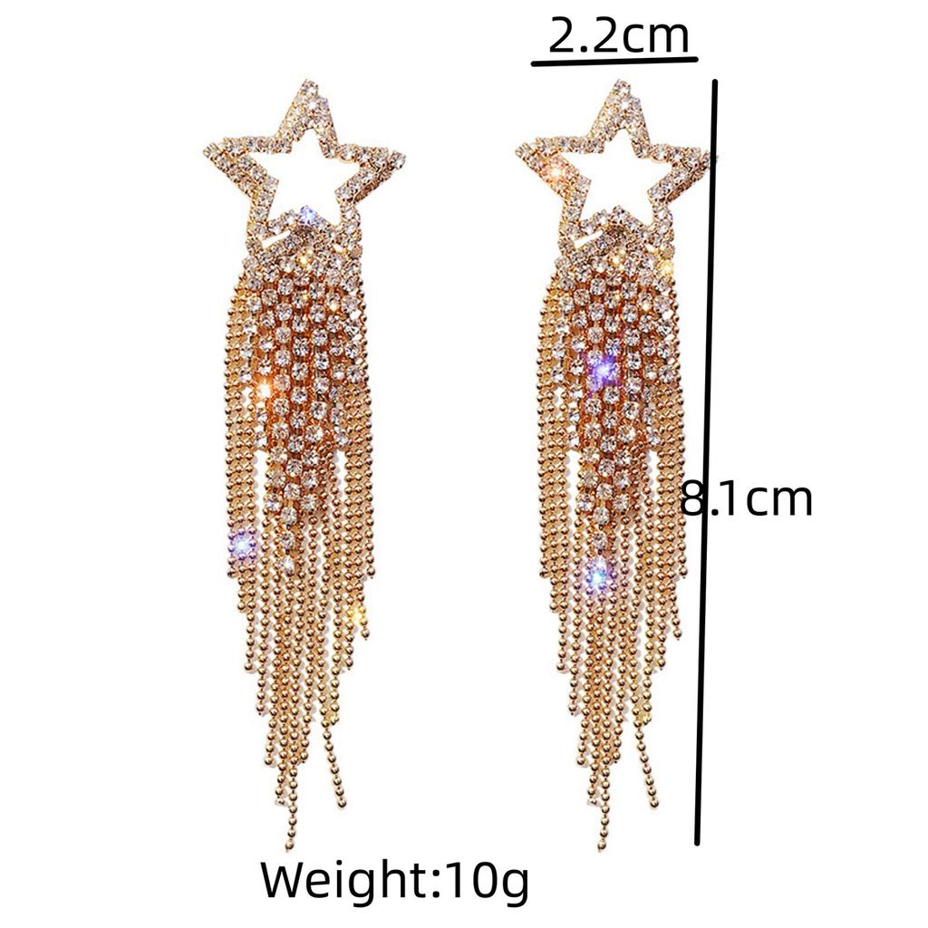 2PC Women's Fashionable Rhinestone Sparkling Star Tassel Earrings Suitable for Banquet and Party Accessories