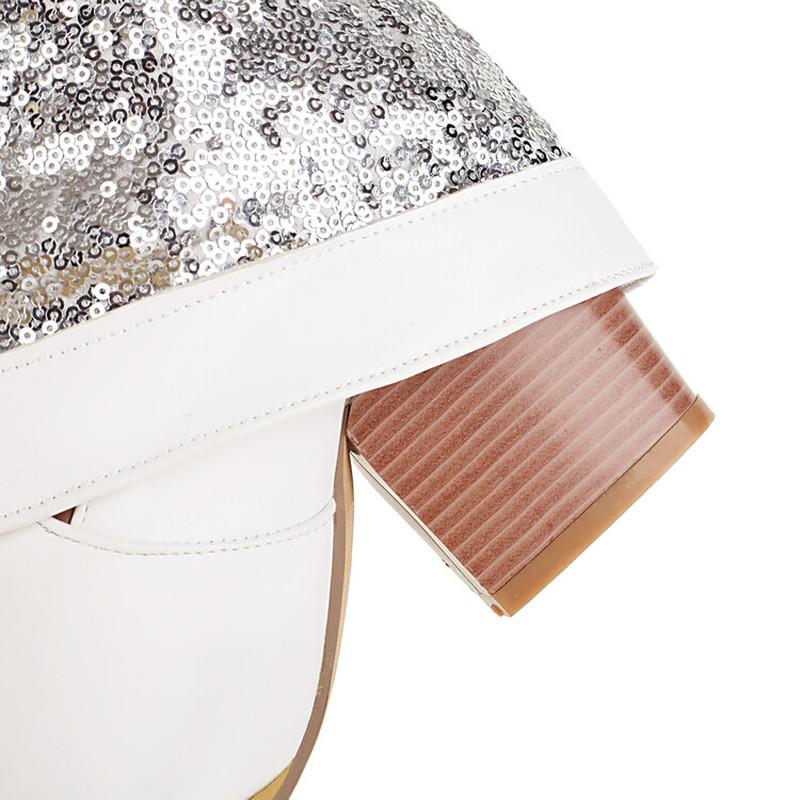 Sequin Cloth Western Boots Women Glitter Silver Gold Chunky High Heels Mid-calf Cowboy Boots Cowgirl Shoes