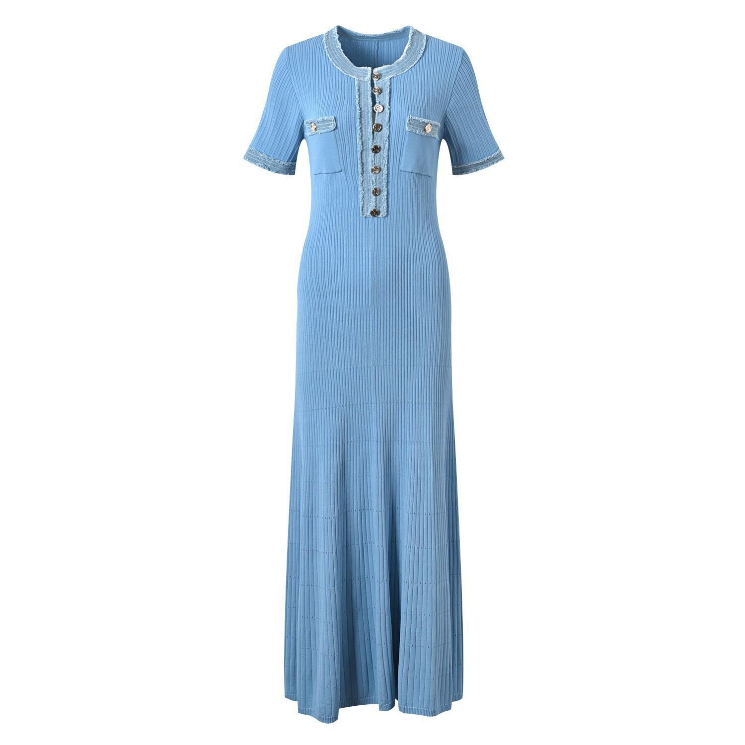 

Women s Elegant Summer Denim Patchwork Long Dress, Button-Down, Round Neck, Knitted Robe Medium синій