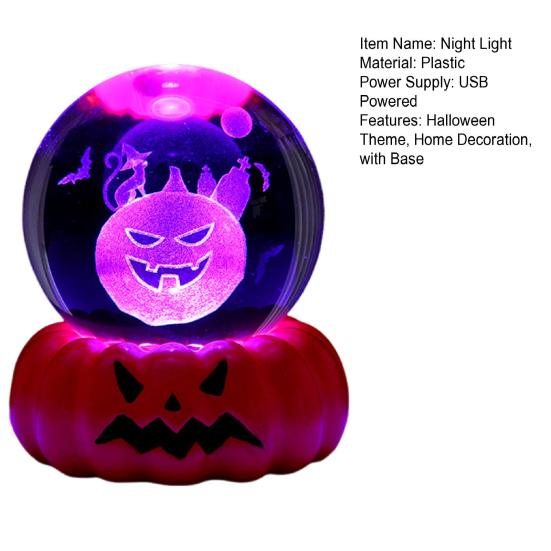 Halloween Faux Crystal Ball Night Light 3D Pumpkin Skull Witch Haunted House Spiderweb Glass Ball Lamp with Base USB Powered Glowing Sphere Decoration